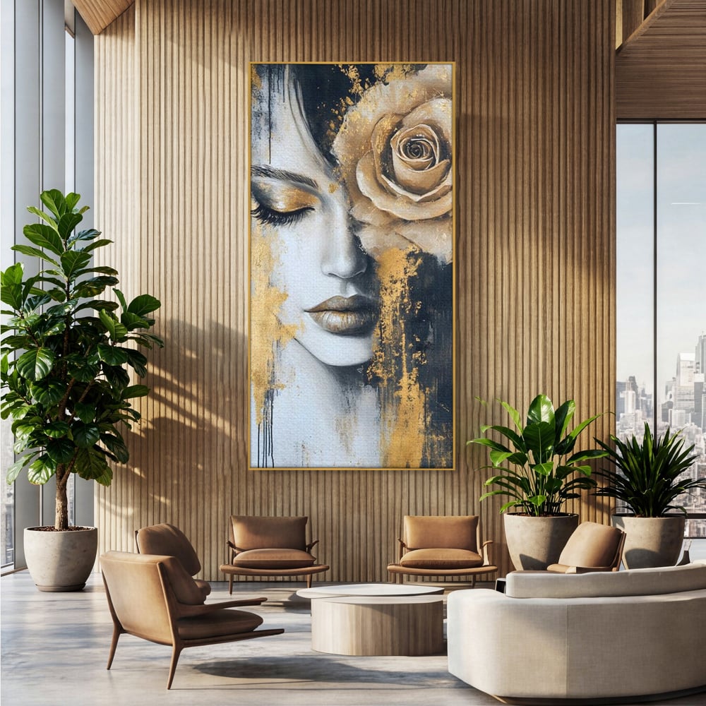 Tablou canvas cu tablou canvas portret feminin cu trandafir auriu, in rama de aluminiu auriu, pe perete intr-un birou